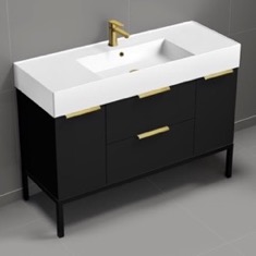 48 inch Bathroom Vanity With Sink - Modern, Matte Black, Free Standing, Gold Handles